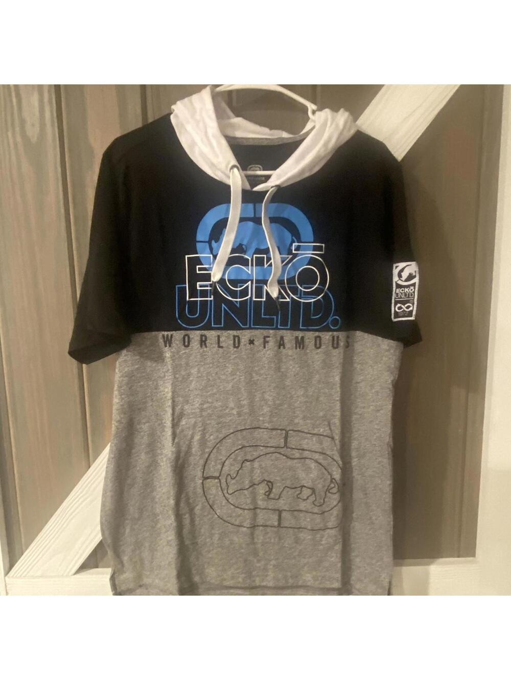 Ecko Unltd. Black and Grey Short Sleeve Hoodie w/ Logo Graphic - Medium